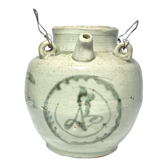 Vintage Replica Chinese Ceramic Water Jug Vessel Beige Sage-Green 6” Handles - Picture 1 of 10